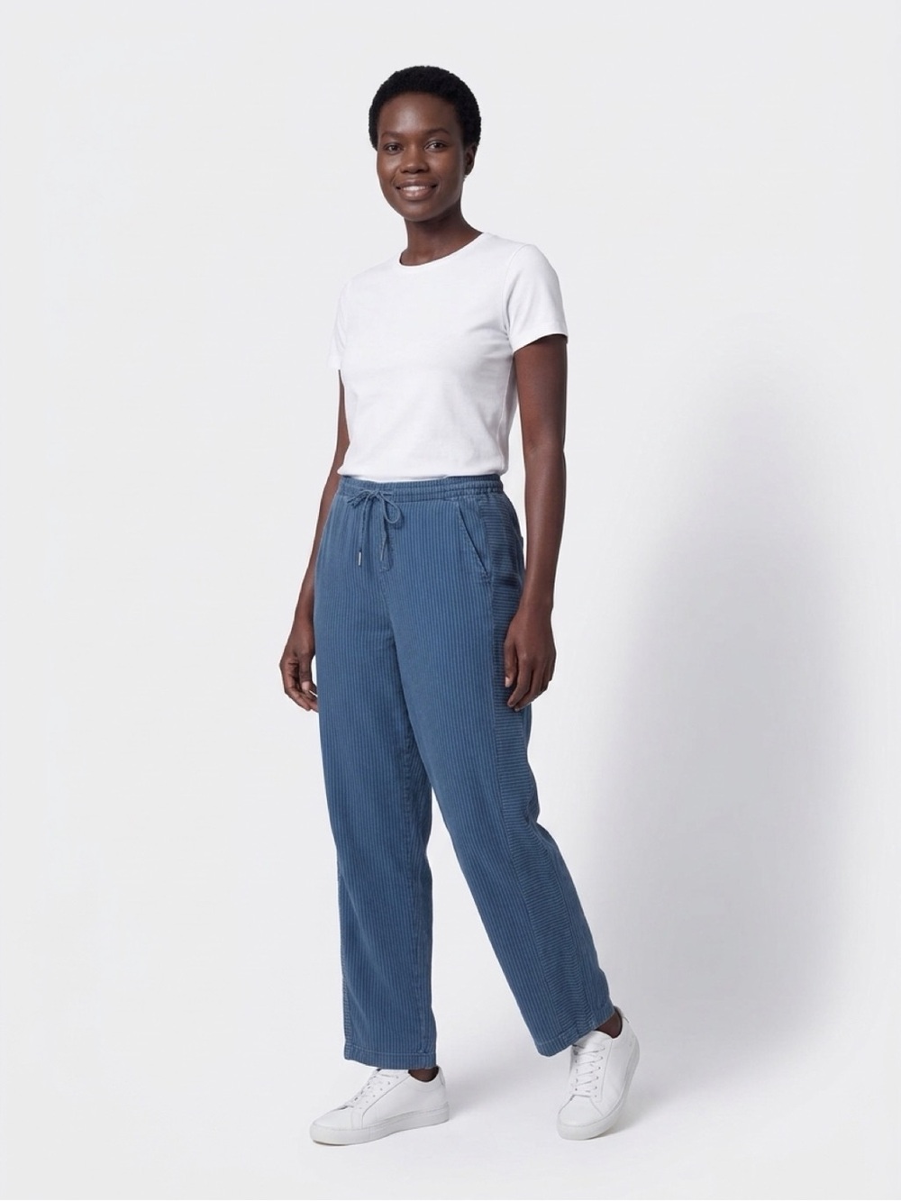 Liverpool MidRise Pinstripe Drawstring Track Pants in Lightweight Denim Blue
